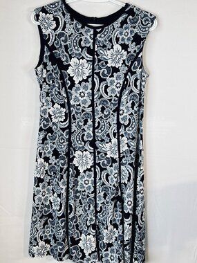 Laura Petites Navy Floral Lace Fit & Flare Dress — Size 8P, Stretch Knit,